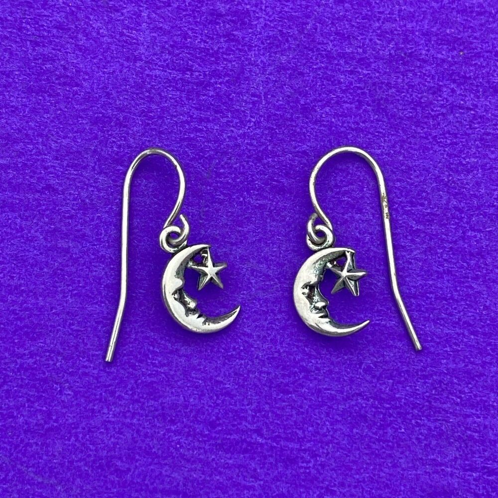 Vintage Sterling Silver Moon And Star Small Dangle Earrings